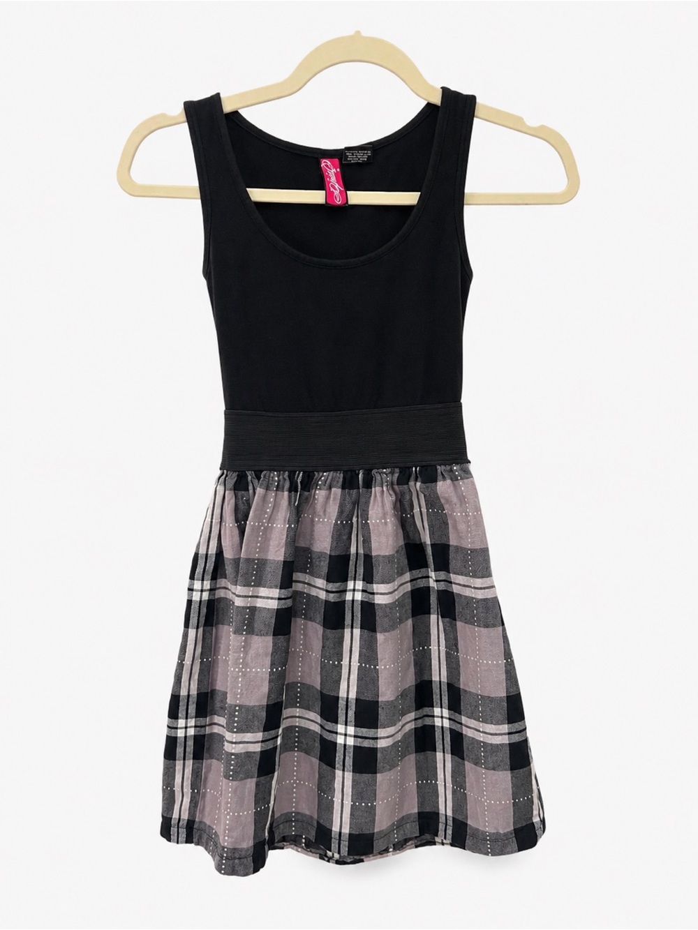 Say What? Black Tank Top with Gray Plaid Skirt Dress